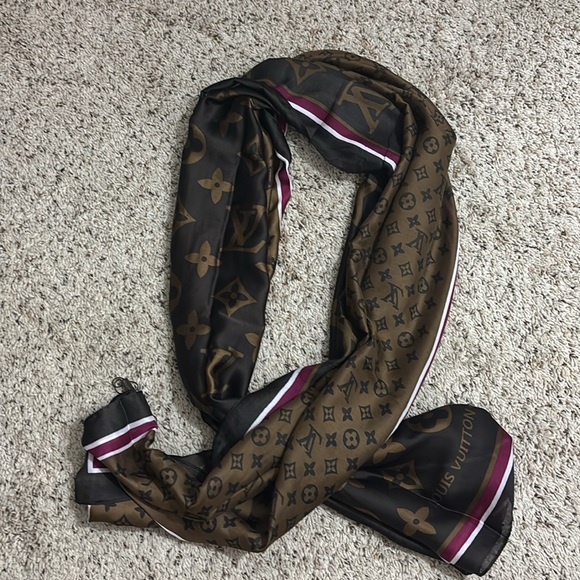 LV Silk Scarf Shawl Monogram Brown Tan Print - Picture 6 of 6